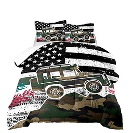 BBchose 3D Camouflage American Flag Bedding Set for Kids,Green Military Jeep Ultra Soft All Seasons Comforter Set American Elements Theme Bed Set 1 Comforter 2 Pillowcases (Green, Queen)