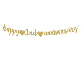 Happy 2nd Anniversary Party Banner, Gold Gliter 2 Years Anniversary garland,2nd Wedding Anniversary Banner Party Decorations Suppilies.(Pre-Assembly)