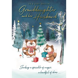 Piccadilly Greetings Christmas Card For a Very Special Granddaughter & Husband Cute Foxes - 9 x 6 inches