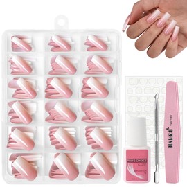 240Pcs French Ombre Press on Nails Set, Natural Gradient Pink False Nails Kit, Ombre Square Fake Nails Pink Tips Long, 12 Sizes Glossy Full Cover Stick on Nails with Glue for Women Girls Nails Art
