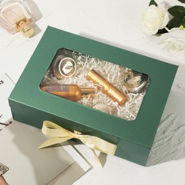 PLINJOY Green Gift Box for Presents with Ribbon 10.8x7.5x3.5 Inches Clear Gift Box with Window Magnetic Closure Gift Boxes with Lids