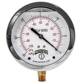 Winters 4" Dial Size, Liquid Filled Industrial Pressure Gauge, Potable Brass, 304 Stainless Steel Case, Dual Scale 30 inch Hg-0 Vac/kPa, 1.5% Acc, 1/4" NPT Bottom Mount, Vacuum Pressure Gauge