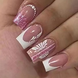 BABALAL Pink Press on Nails Medium Square Fake Nails French Tip Glue on Nails Flower Glitter Acrylic Nails 24Pcs Stick on False Nails Squoval Nails Press on
