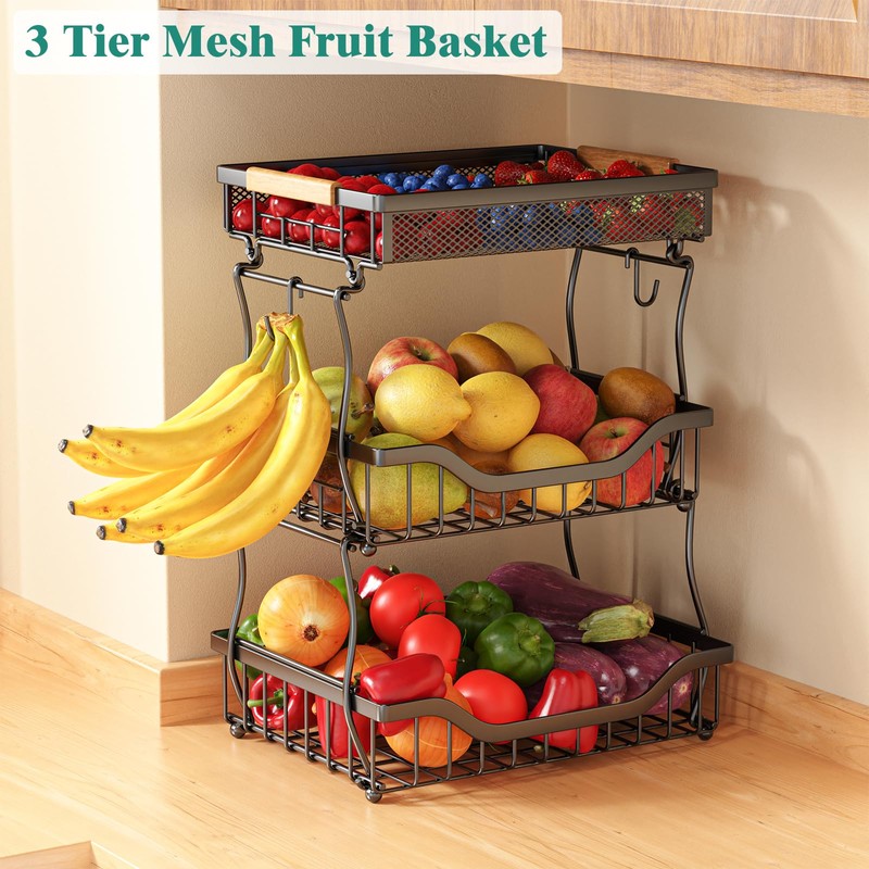 Giwil 3 Tier Countertop Fruit Mesh Basket for Kitchen, Vegetable