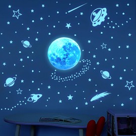 Blue Glow in The Dark Stars, Planets, Moon, Rocket Wall Stickers - 3D Luminous Ceiling & Wall Decals for Kids' Bedroom, Nursery & Living Room - Solar System, Astronaut & Alien Decor.