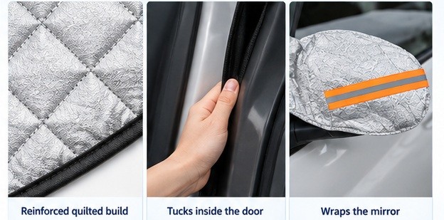 Why it works: blocks snow and frost, waterproof shell, covers both mirrors, door-tuck anti-lift, reflective strip, works in summer
