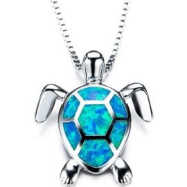 Jude Jewelers White Gold Plated Simulated Opal Small Turtle Pendant Statement Necklace (Blue)