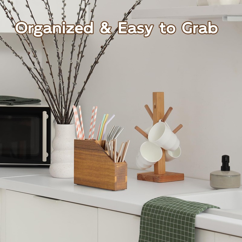 BWODYAY Straw Holder, Acacia Wood Straws Organizer, Cupboard Reusable Straws