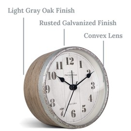 Presentime & Co 4" Farmhouse Tabletop Alarm Mantel Clock, Desk and Shelf Clock, Silent no Ticking, Light Grey Oak and Rusted Galvanized finish. Tabletop Décor, Home Décor, Farmhouse Décor
