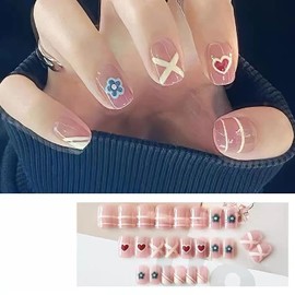 24 Pcs Press On Nails Short, Fake Nails Almond Glue On Nails, False Nails With Glue, Square Press On Nails Pink Nail Art Manicure Decoration Fake Nails Acrylic Nails for Women And Girls
