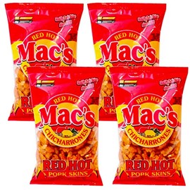 Mac's Red Hot Pork Rinds Flavored Pork Skins - 4 Pack Macs Chicharrones Pork Cracklins