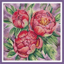 ITSTITCH Stamped Cross Stitch Kits- Full Set of Embroidery for Beginners or Adults,14 CT 2 Strands DIY Peony Patterns Counted Arts Craft 14.6×14.6 inch