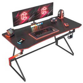 CubiCubi Simple Gaming Desk Z Shaped 55 inch Gamer Workstation, Home Computer Carbon Fiber Surface Gaming Desk PC Table with Headphone Hook