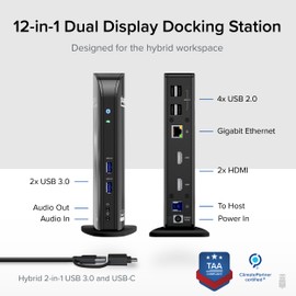 Plugable USB 3.0 Universal Laptop Docking Station Dual Monitor for Windows and Mac, USB 3.0 or USB-C, (Dual Video: HDMI and HDMI/DVI/VGA, Gigabit Ethernet, Audio, 6 USB Ports)
