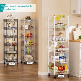 SINGAYE Shelf 6 Tier Wire Shelving Unit with Wheels Baskets Storage Rack Corner Shelves Adjustable Closet Bathroom Organizers Metal Pantry Kitchen Garage Laundry Room 13.5" D x 13.5" W x 63" H White