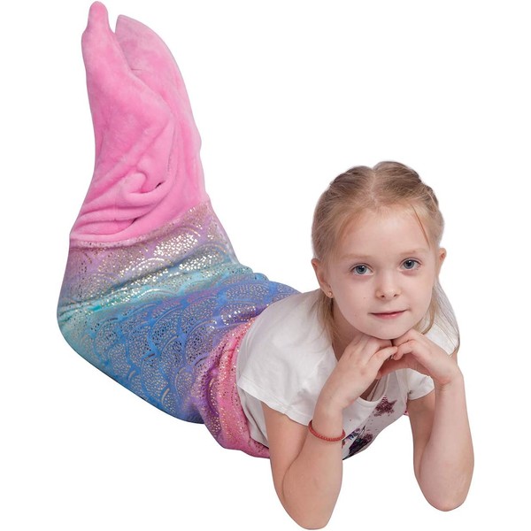 softan Children's Mermaid Tail Blanket, Girls Toddler Kids Mermaid Sleeping Blanket, Pink Flannel Mermaid Blanket with Rainbow Ombre Glitter Fish Scale Design, 43 x 100 cm