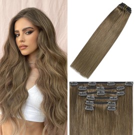 WindTouch Clip in Hair Extensions Remy Hair Ash Brown For Black Women 20Inch 75g Soft Clip Ins #8 7PCS Gift For Women