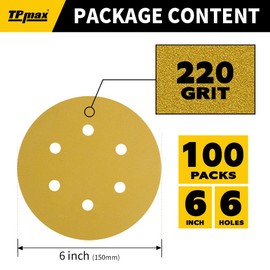 Pack of 100 150 mm 6 Hole Sanding Discs 220 Grit - Premium Gold Round Velcro Sandpaper for Random Orbital Sanders - Ideal for Wood, Metal, Automotive