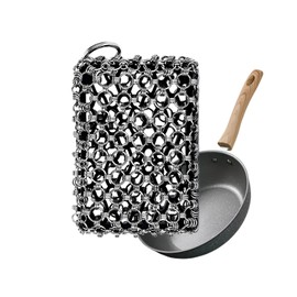 2026 Upgrade 316 Stainless Steel Pan Cleaner,4.5 Inch Triple-Ring Chain Mail Scrubber with Silicone Core, Cast Iron Pot Brush for Easier Removal of Stubborn Oil Stains & Food Residue–Black