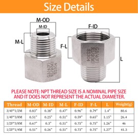 ZHMEINA 1/2 Inch Male to 3/4 Inch Female Reducer Adapter, 304 Stainless Steel Reducing Pipe Connector, 3/4" NPT Female X 1/2" NPT Male Reducer Pipe Extension Connector (2Pcs)
