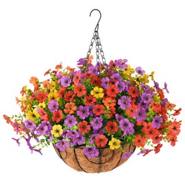 ZFProcess Artificial Faux Hanging Plants Flowers Basket for Spring Summer Outdoor Decoration, Fake Silk Daisy in Planter Realistic UV Resistant Look Real for Porch Home Patio Balcony Yard(Multicolor)