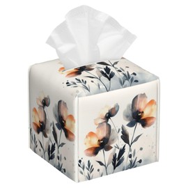 Watercolor Spring Brown Poppy Floral Tissue Box Cover Square,Abstract Flowers Leather Tissue Box Holder Decorative Facial Cube Paper Cover Case Organizer for Bathroom Night Stands Desk Home