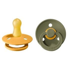 BIBS Colour Paquete de 2 chupetes. Libre de BPA, Tetina redonda. Látex natural, Talla 1 (0-6 meses) Honey Bee/Olive