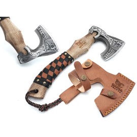QEPAA CRAFTS 13” Inch Valhalla Axe – Carbon Steel Viking Axe Head with Engraved Handle, Hatchet Axe with Genuine Leather Sheath and Wrap, Camping Axe, Throwing Axe -Viking Gift for Men