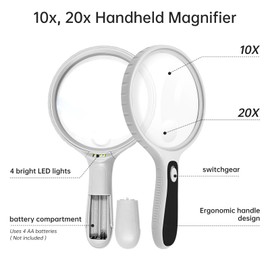 HUlBOER Large Magnifying Glass Set with Light Includes a Large and Small Magnifier with 10X and 20X Aspheric Magnifying Lenses and Bright Energy Saving LED Lights Ideal for Reading Coin Collecting etc