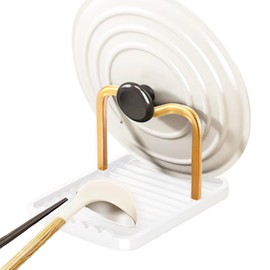 Anti-Rust Metal Spoon Rest with Lid Holder, Heat-Resistant Pot Lid Rest, Multifunctional Spatula Holder While Cooking for Stovetop and Kitchen Counter – Gold White