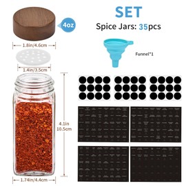 Yangbaga 4oz Glass Spice Jars with Labels，35Pcs Empty Square Spice Bottles with acacia wood lid & Shaker Lids and Silicone Collapsible Funnel Included,Seasoning Storage Bottles for Rack,Cabinet,Drawer
