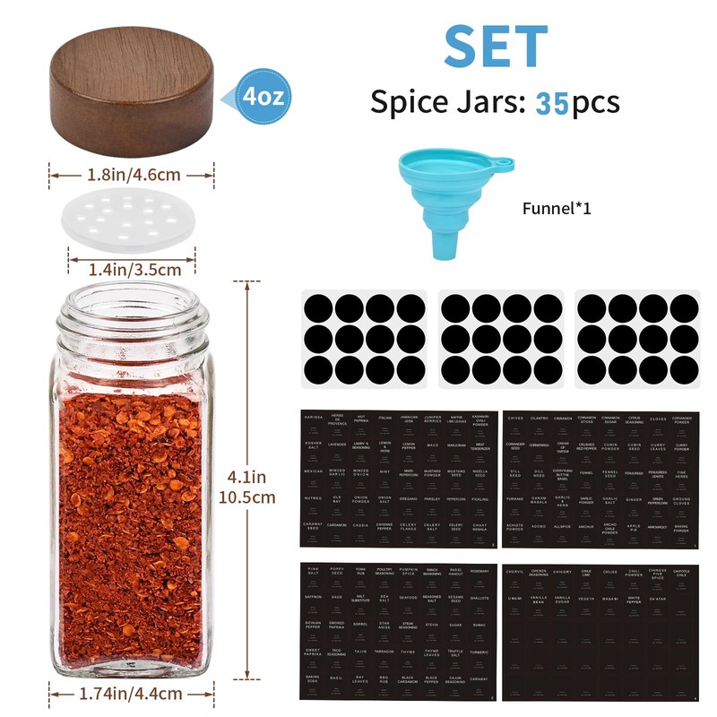 Yangbaga 4oz Glass Spice Jars with Labels，35Pcs Empty Square Spice