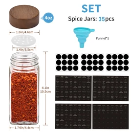 Yangbaga 4oz Glass Spice Jars with Labels，35Pcs Empty Square Spice Bottles with acacia wood lid & Shaker Lids and Silicone Collapsible Funnel Included,Seasoning Storage Bottles for Rack,Cabinet,Drawer
