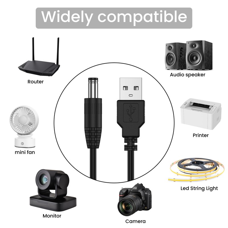 Vanjua USB to DC 5V Power Cord, Universal DC 5.5x2.1mm