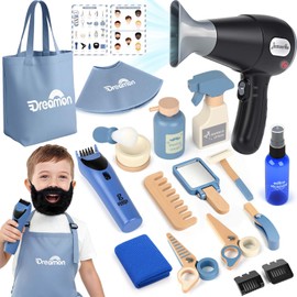 Barber Shop Pretend Play Set, Kids Shaving Kit Wooden Hair Salon Toys for Boys with Wearable Beard, Electric Shaver, Blow Dryer, Tool Bag, Toddler Role Play Barber Accessories for Boys & Girls Gifts