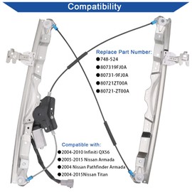 Obaee 748-524 Front Left Driver Side Power Window Lift Regulator with Motor 6 Pins Compatible with Nissan Pathfinder Armada 2004/ Armada 2005-2013/ Titan 2004-2010/ Infiniti QX56 2004-2010