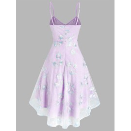 DRESSFO Women's Flower Embroidered Mesh Overlay High Low Dress Summer Sundress Cami Dress Bustier Party Dress (Purple/Medium)