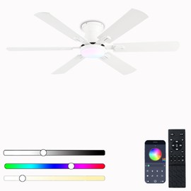 KNUN 56 inch Ceiling Fans with Lights, White Flush Mount Ceiling fan with Light and Remote/APP Control, 3CCT, RGB, Dimmable, Noiseless, Low Profile Ceiling Fan for Bedroom, Patio, Indoor/Outdoor Use