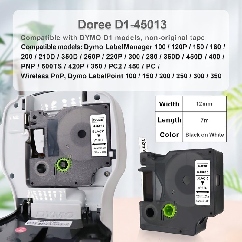 DOREE D1 45013 Compatible with Dymo D1 Label Tape 12
