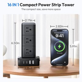 NTONPOWER Compact Surge Protector Power Strip Tower, 1080J Surge Protector Tower, 12 AC Outlets 4 USB(2 USB C) & 15 FT Extension Cord Tower with 16 Widely Spaced Outlets 4 USB Ports