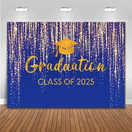 7 x 5 ft Graduation Party Backdrop Blue Class of 2025 Background Golden Glitter Congrats Grade Banner Decoration Picture Photo Booth Props Supplies