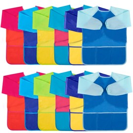 Bouiexye 12 Pack Kids Art Smocks Water-Resistant Toddler Paint Smocks Kids Painting Aprons with Long Sleeve 3 Pockets for Age 2-8 Years, Art Craft, Painting, Baking, Cooking (6 Colors)