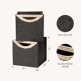 La Jolie Maison 2 Pack Foldable Grey Felt Cube Bins, 13 Inch Storage Cube with Rattan Handle, Decorative Storage Bins for Closet Toys Bedroom