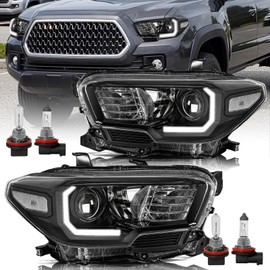 Aosky compatible with 2016-2022 Toyota Tacoma Headlights with DRL,Halogen Headlamp Assembly Fit for 16 17 18 19 20 21 22 Black Housing with Clear Reflector with bulbs
