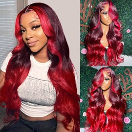 YMS Black and Red Wig Human Hair Ombre Red HD Lace Front Wigs Human Hair 180% Density Wigs for Women Body Wave Glueless Wigs Human Hair Pre Plucked 30 inch 13x4 Lace Frontal Wig