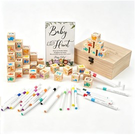Baby Shower Wooden Block Decorating Kit 136PCS DIY Baby Blocks Stencils & Storage Box for Baby Shower Games, Gender Reveal, Baptism Party Supplies