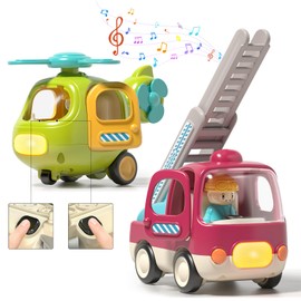 PANITU Baby Toys with Fine Motor Activities Push & Go Cars for 1 2 3 Year Old 2 Pack Friction Powered Interactive Toys Airplane and Fire Truck Lights & Sounds Toys Birthday Gift for Toddlers 1-3