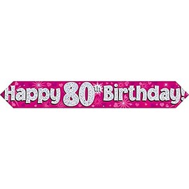 9ft Banner Happy 80th Birthday Pink Holographic