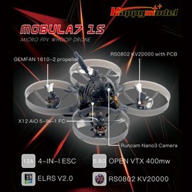 HappyModel Mobula7 1S 75mm Micro ELRS FPV Whoop Drone – 5-in-1 AIO Flight Controller, 400mW VTX, RS0802 Motors, Runcam Nano3 Camera, and ExpressLRS 2.0 for Ultimate Performance
