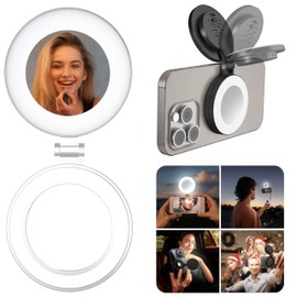 Magnetic Ring Light with Mirror for Phones, 3 Color Modes & Touch Control, Rechargeable Selfie Light with Type-C Port & Universal Metal Ring Adapter, Works with All Smartphones, White